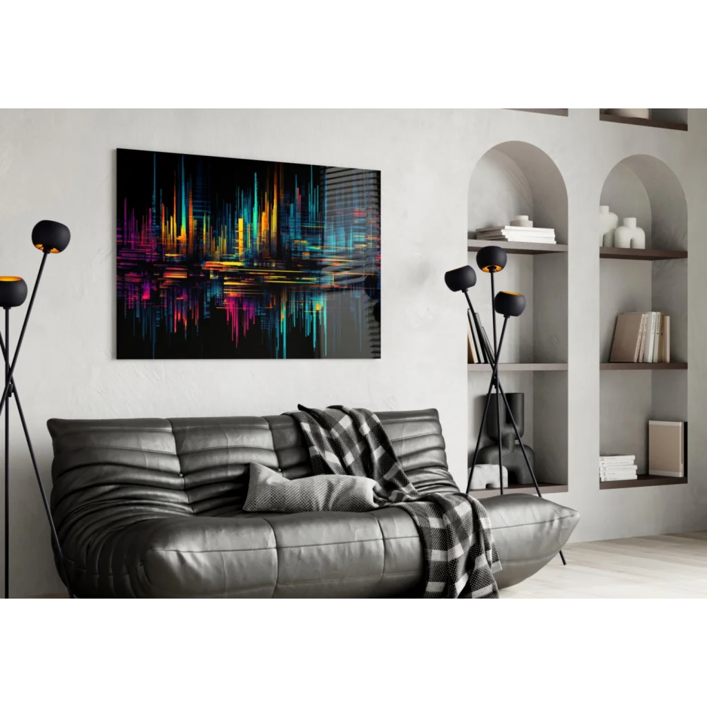 Black leather couch with plaid blanket under Neon City Lights glass wall art