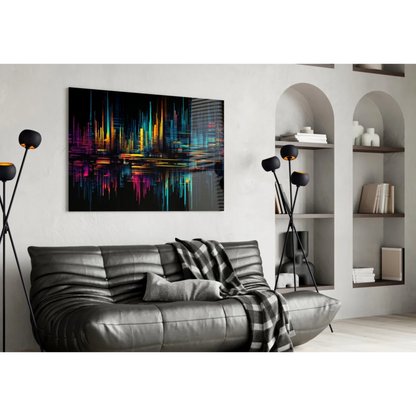 Black leather couch with plaid blanket under Neon City Lights glass wall art