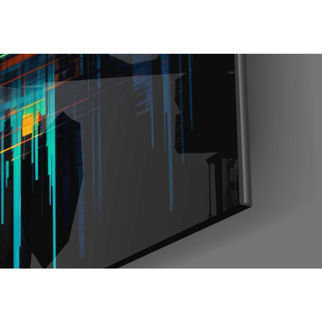 Black and teal geometric glass wall art print Neon City Lights