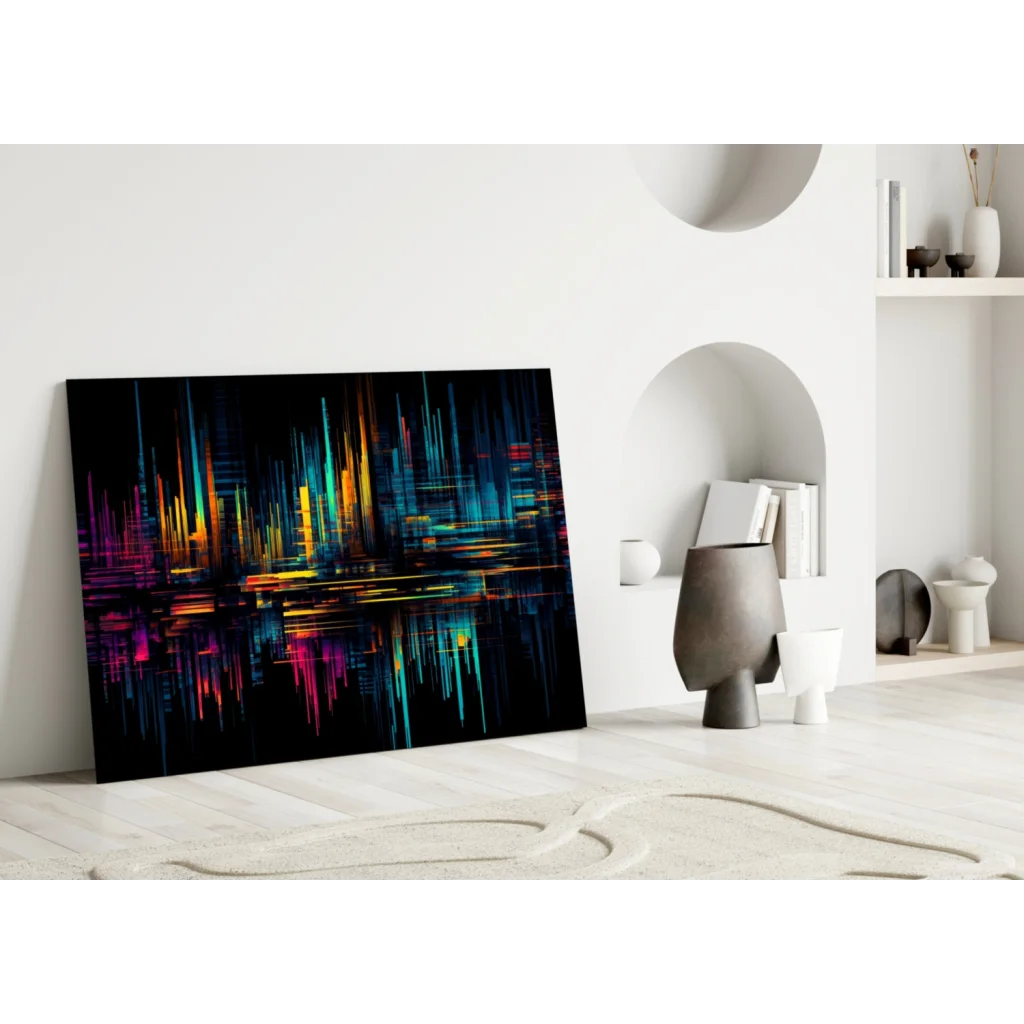 Vibrant neon cityscape glass wall art print with abstract design