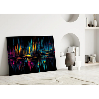 Vibrant neon cityscape glass wall art print with abstract design