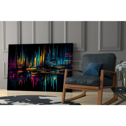 Vibrant neon cityscape glass wall art print glowing on wall