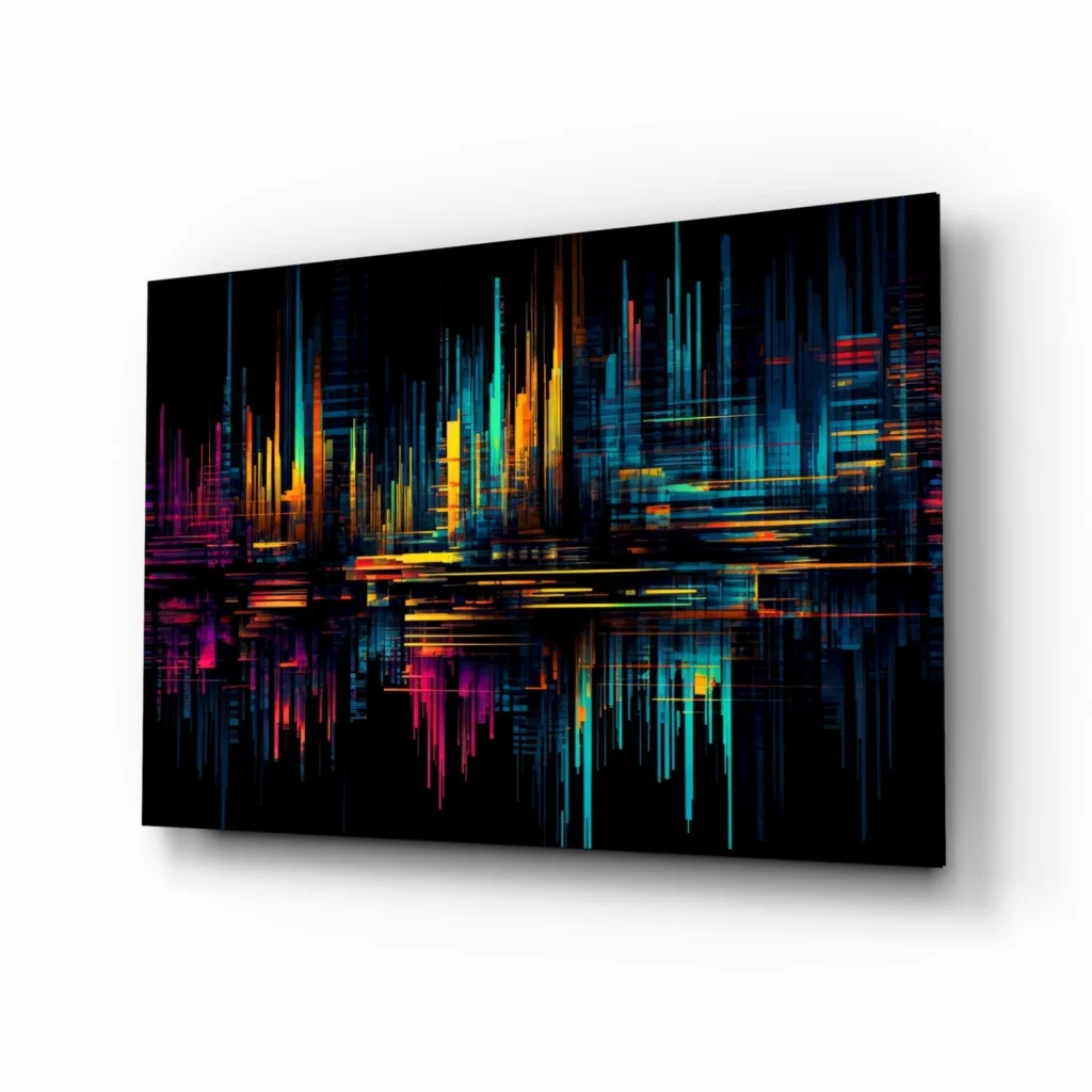 Vibrant neon cityscape glass wall art print with reflective surface