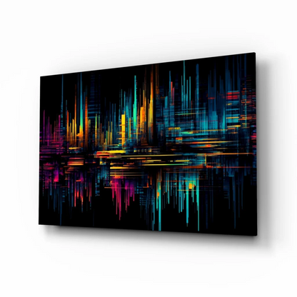 Vibrant neon cityscape glass wall art print with reflective surface