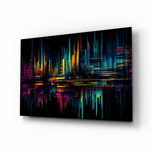 Vibrant neon cityscape glass wall art print with reflective surface