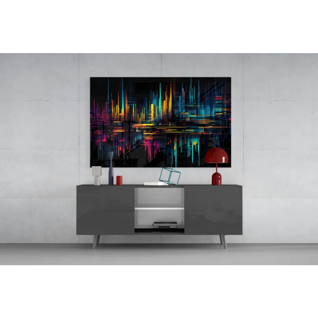Samsung QLED TV with vibrant abstract art on screen, Neon City Lights glass wall art
