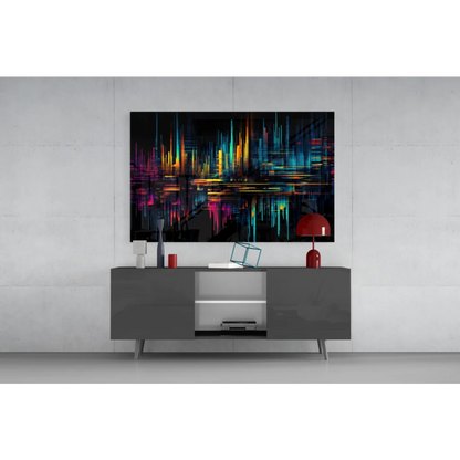 Samsung QLED TV with vibrant abstract art on screen, Neon City Lights glass wall art