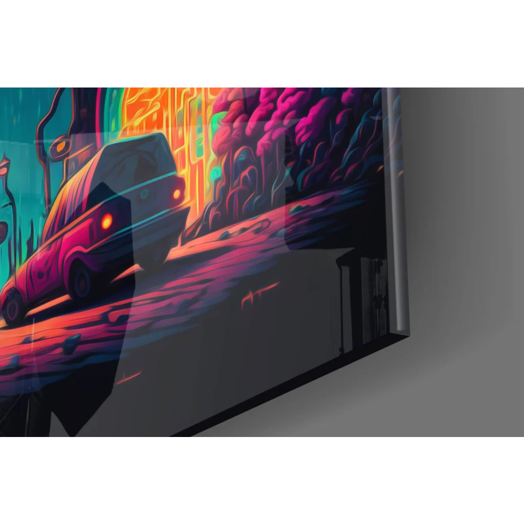 Vibrant neon cyberpunk van in pink teal glass wall art print