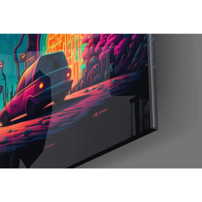 Vibrant neon cyberpunk van in pink teal glass wall art print