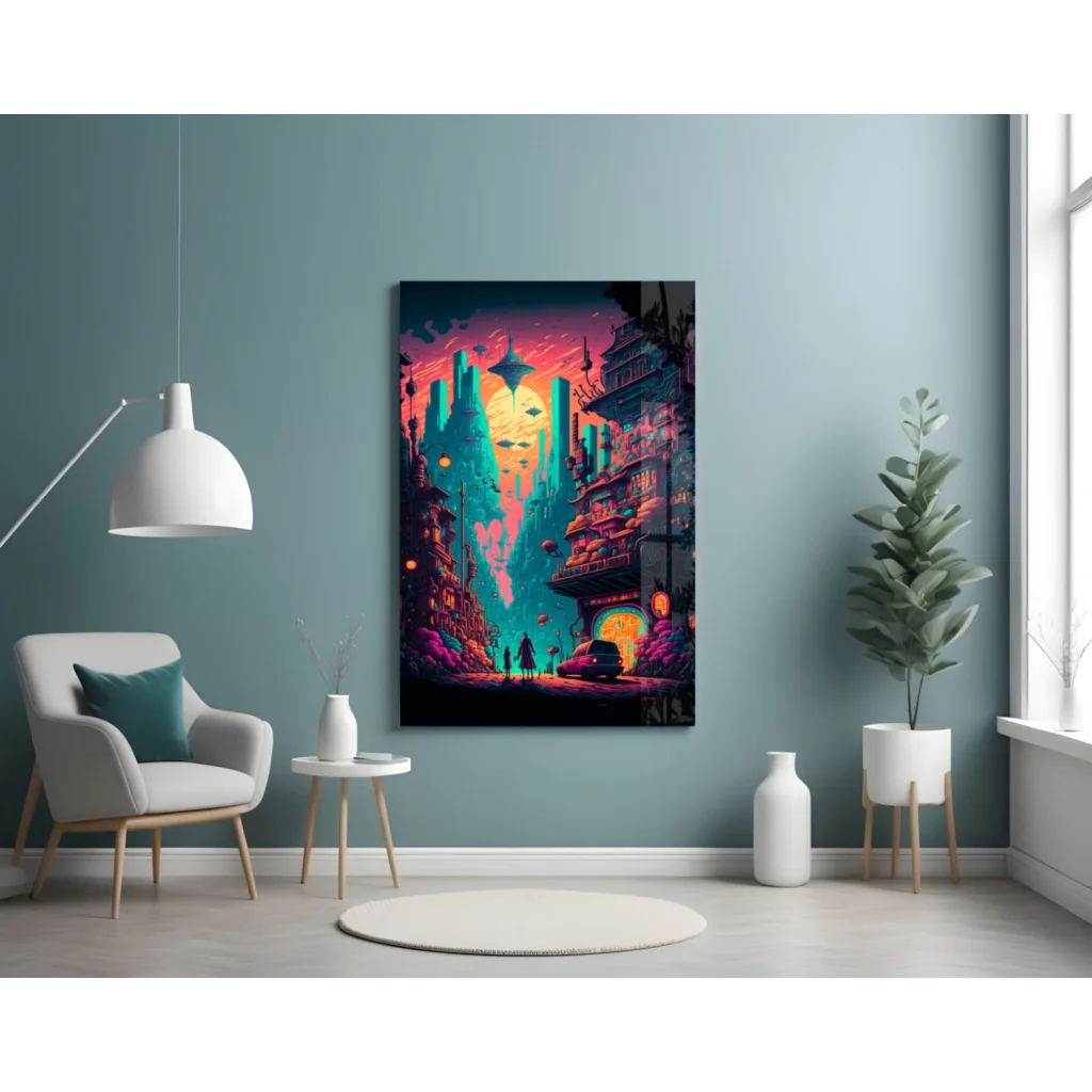 Vibrant neon cyberpunk city glass wall art print in pink teal orange hues