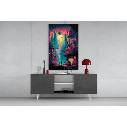 Vibrant neon cyberpunk city glass wall art print in teal and magenta hues