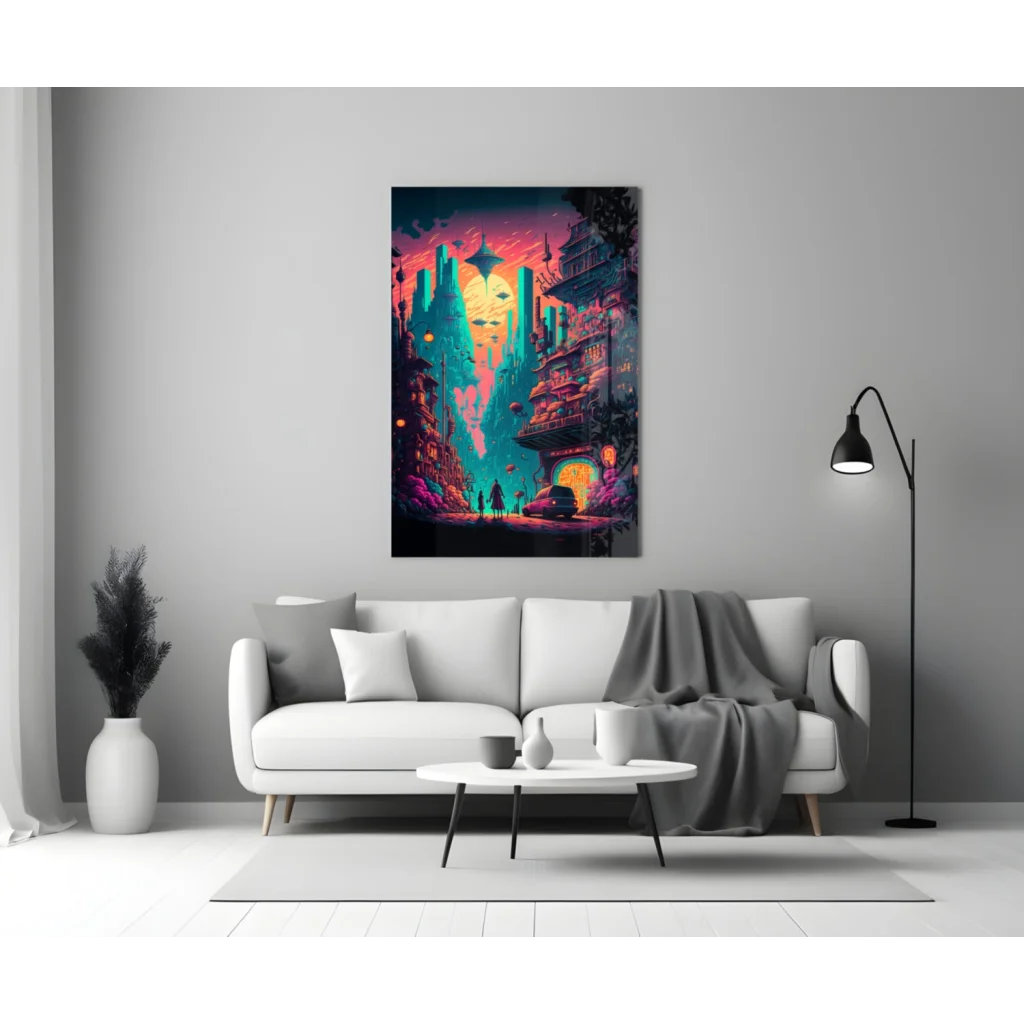 Vibrant neon cyberpunk city glass wall art print on display