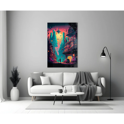 Vibrant neon cyberpunk city glass wall art print on display