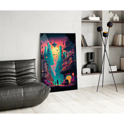 Vibrant neon cyberpunk city glass wall art in pink, teal, orange hues