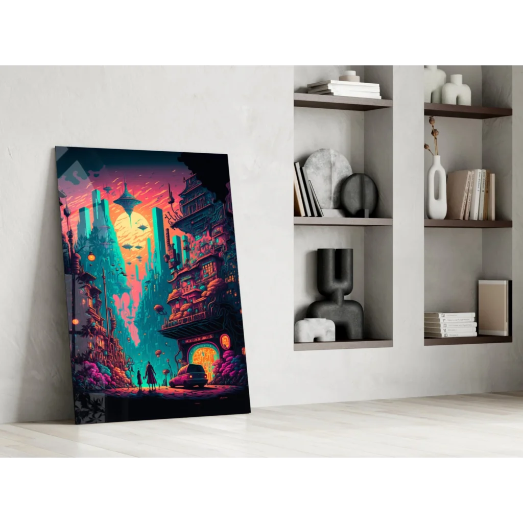 Vibrant neon cyberpunk city glass wall art print on white wall