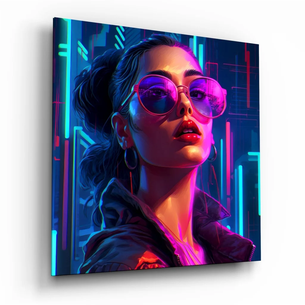 Neon cyberpunk woman in tempered glass art with vibrant colors
