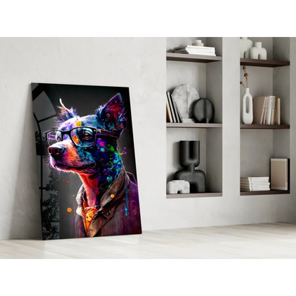 Vibrant neon dog in glasses glass wall art portrait