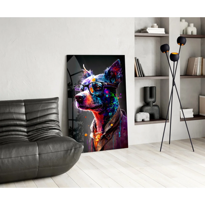 Vibrant neon dog in glasses glass wall art portrait