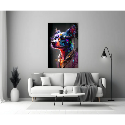 Vibrant abstract neon dog in glasses glass wall art portrait