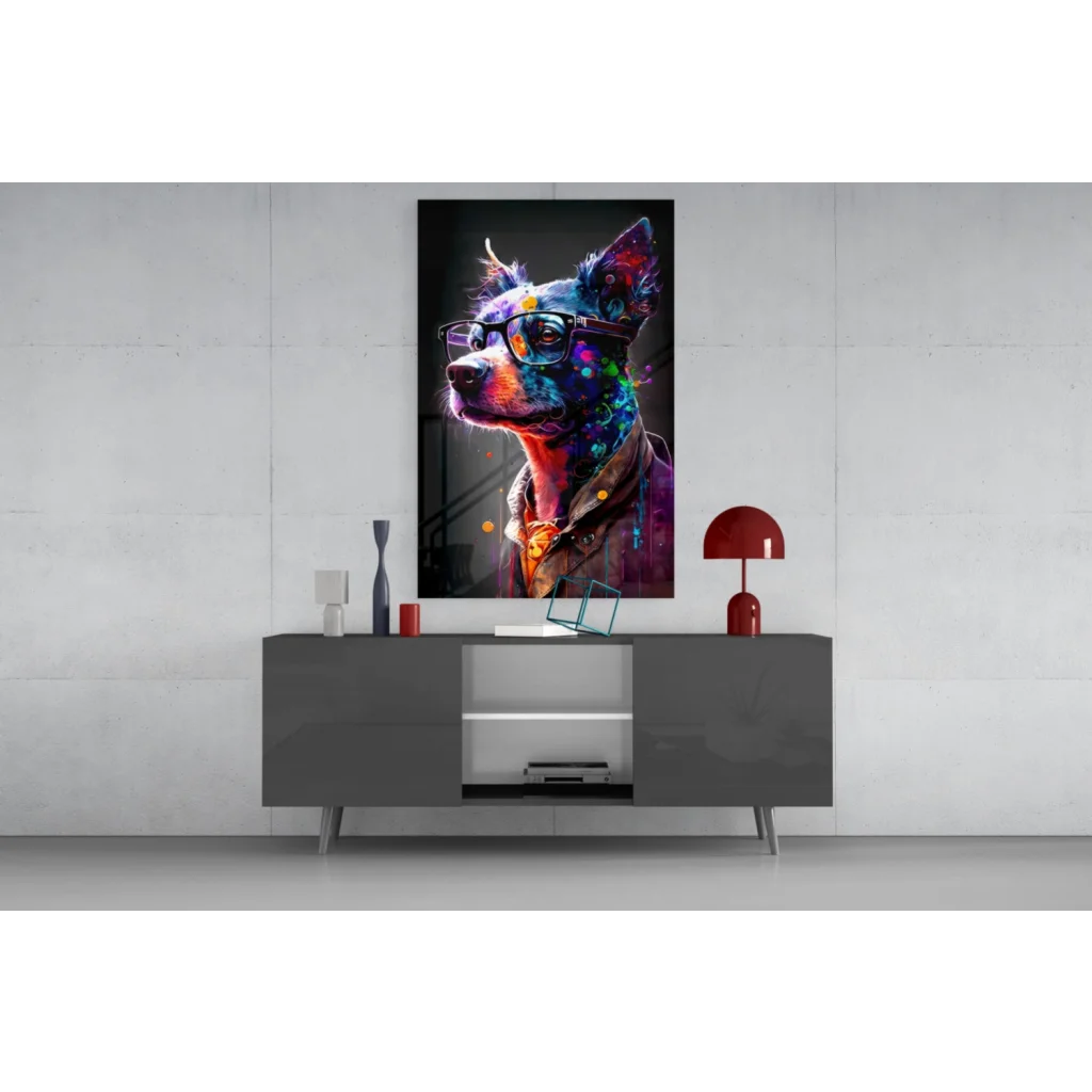 Neon dog in glasses glass wall art portrait in vibrant colors