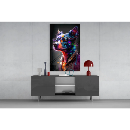 Neon dog in glasses glass wall art portrait in vibrant colors