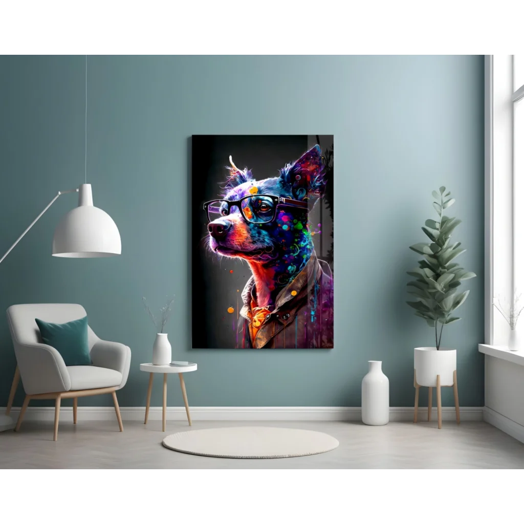 Vibrant neon dog in glasses glass wall art portrait on canvas