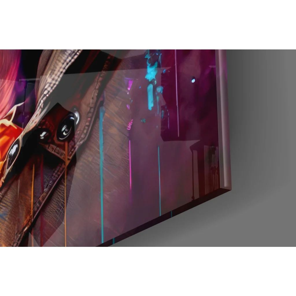 Vibrant neon dog in glasses glass wall art with pink teal streaks