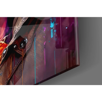 Vibrant neon dog in glasses glass wall art with pink teal streaks