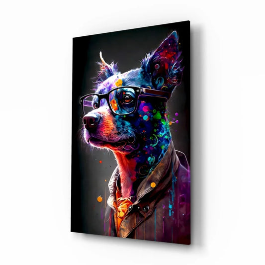 Vibrant neon dog in glasses glass wall art portrait