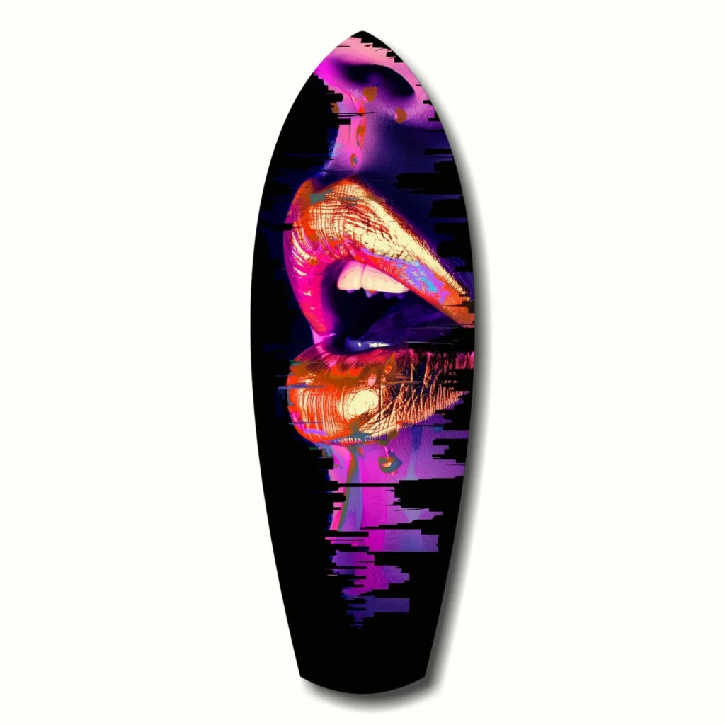 Black Neon Dragon surfboard tempered glass art with diver design