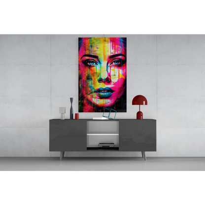 Vibrant neon drip abstract portrait canvas wall art with striking blue eyes