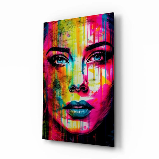 Vibrant neon drip abstract portrait canvas wall art with glossy blue eyes