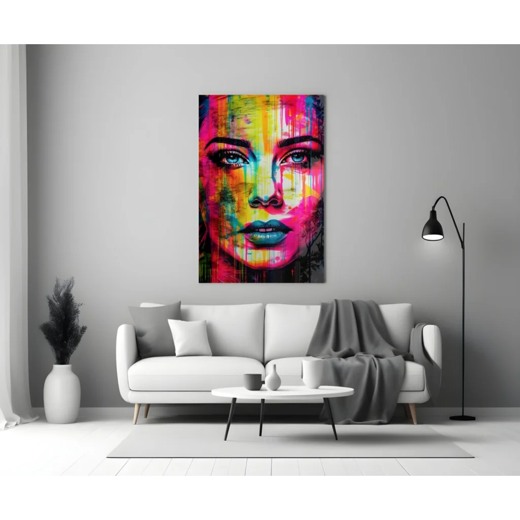 Vibrant neon drip abstract portrait canvas wall art with striking blue eyes