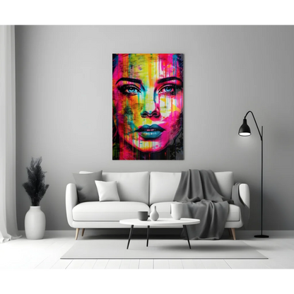 Vibrant neon drip abstract portrait canvas wall art with striking blue eyes