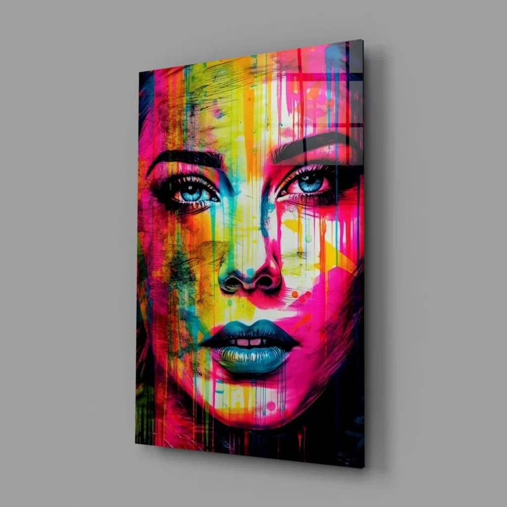 Vibrant neon drip abstract portrait canvas wall art with striking blue eyes