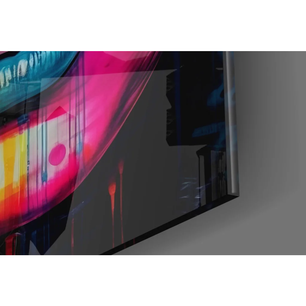 Vibrant neon drip abstract portrait wall art with blue eyes