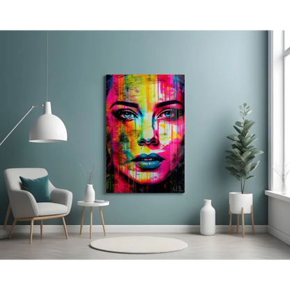 Vibrant neon drip abstract portrait canvas wall art of womans face with blue eyes