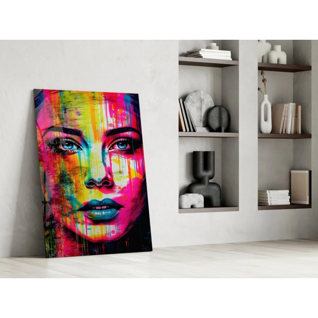 Vibrant neon drip abstract portrait canvas wall art with striking blue eyes