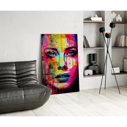 Vibrant neon drip abstract portrait canvas wall art of woman’s face with bold rainbow colors and striking blue eyes