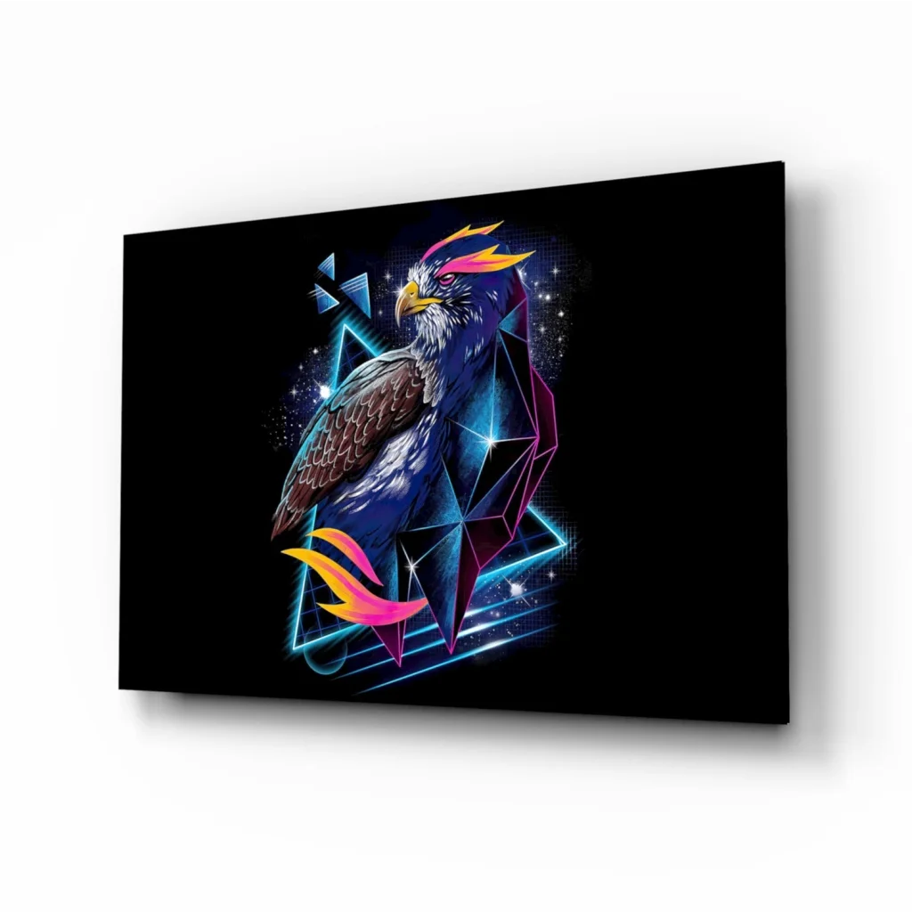 Vibrant neon eagle wall art canvas print with electric geometric design