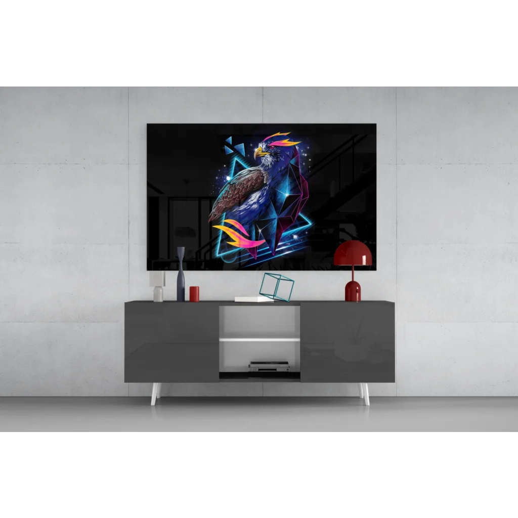 Neon blue and magenta geometric eagle wall art canvas print