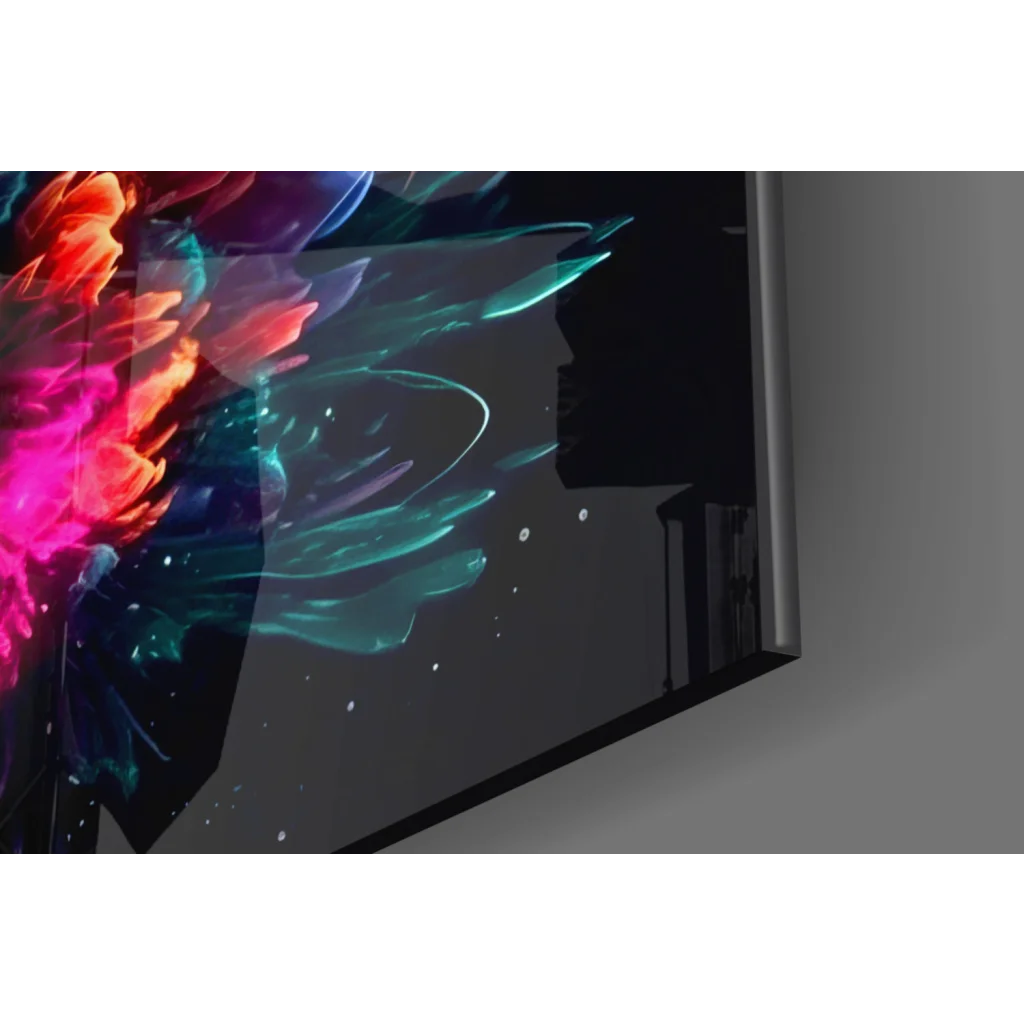 Sleek TV framing vibrant Neon Explosion abstract wall art in pink, orange, teal, purple