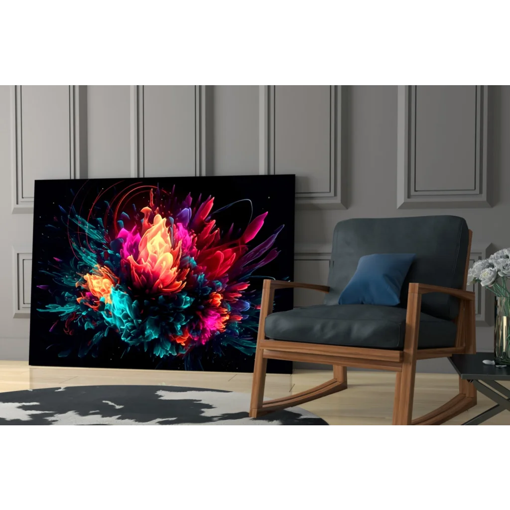Vibrant neon explosion abstract canvas wall art on black background