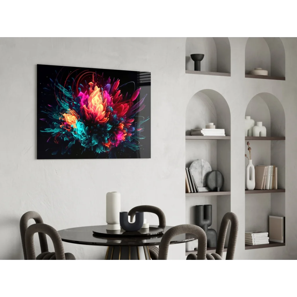 Vibrant neon explosion abstract wall art canvas with pink orange teal purple swirls on black background