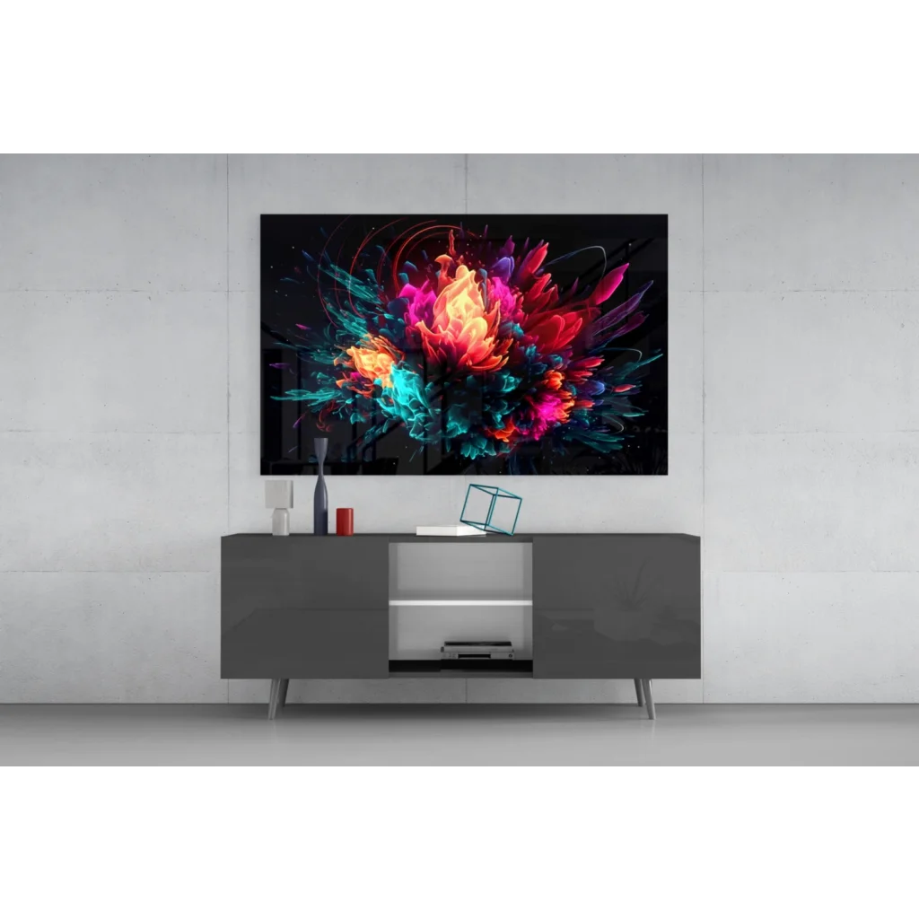 Vibrant neon explosion abstract wall art on black background
