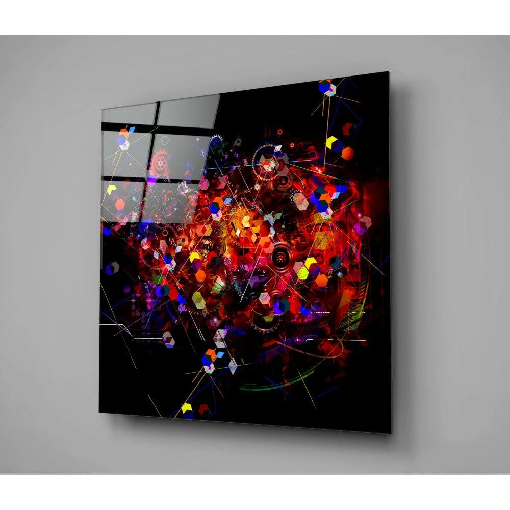 Vibrant neon explosion glass wall art with glowing geometric shapes
