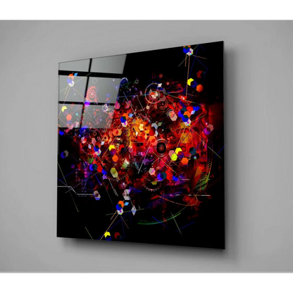 Vibrant neon explosion glass wall art with glowing geometric shapes