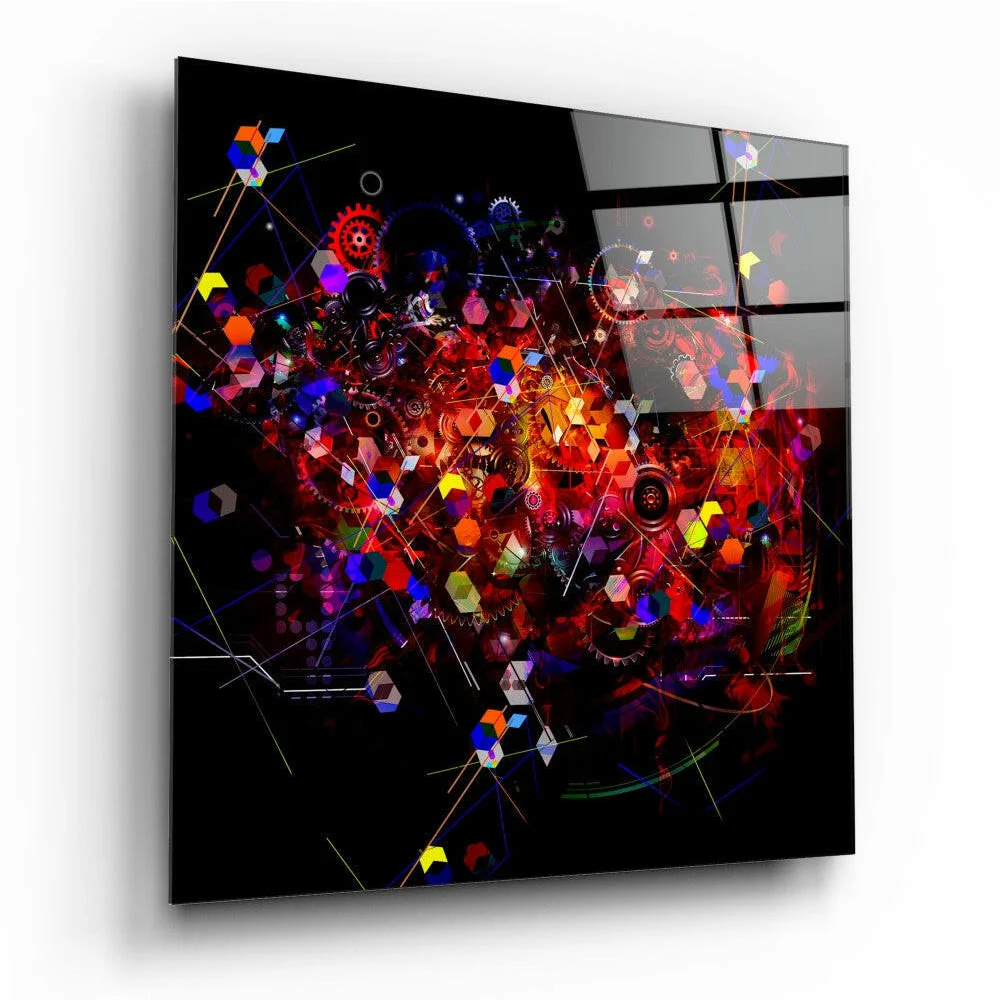 Vibrant Neon Explosion glass wall art panel with glowing red, blue, yellow geometric shapes on black
