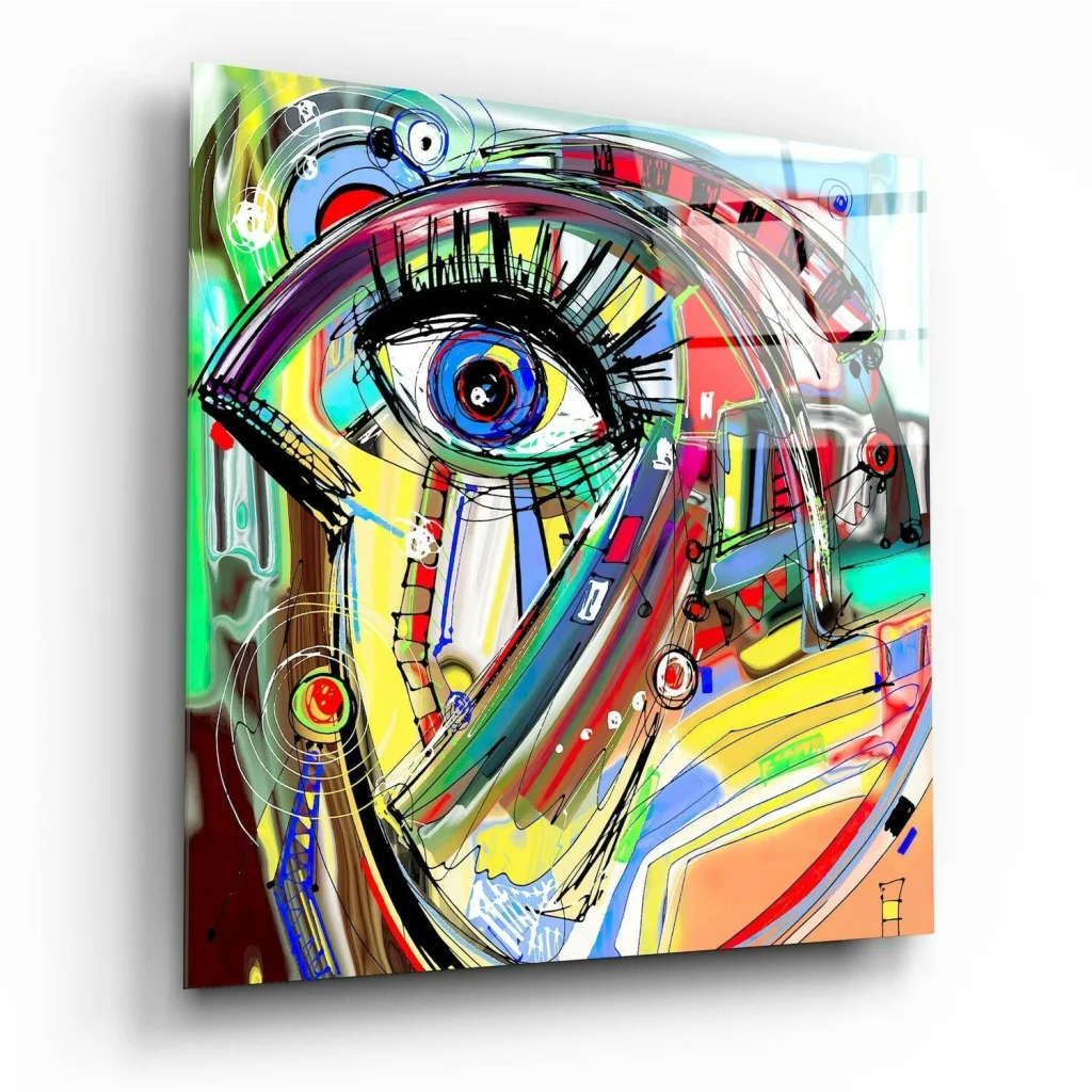 Vibrant neon eye glass wall art with bold rainbow swirls