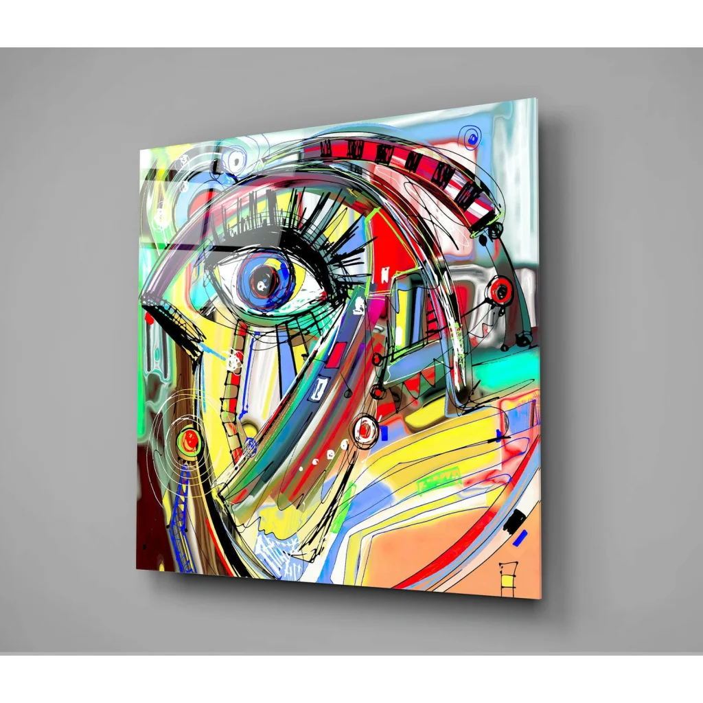 Vibrant Neon Eye Explosion glass wall art with bold rainbow swirls